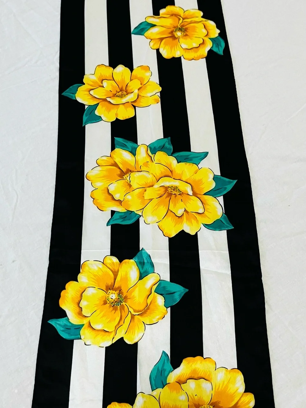 80's Jacqueline Ferrar Black, White & Yellow Floral Stripe Silk Scarf